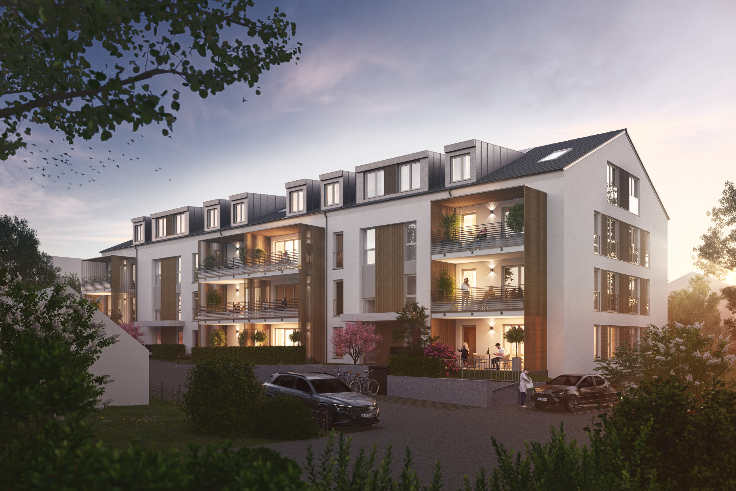 Außenansicht Abend - Wohnen am Hennigbach Außenvisualisierung in Abendstimmung des Neubauprojektes Wohnen am Hennigbach in Markt Schwaben