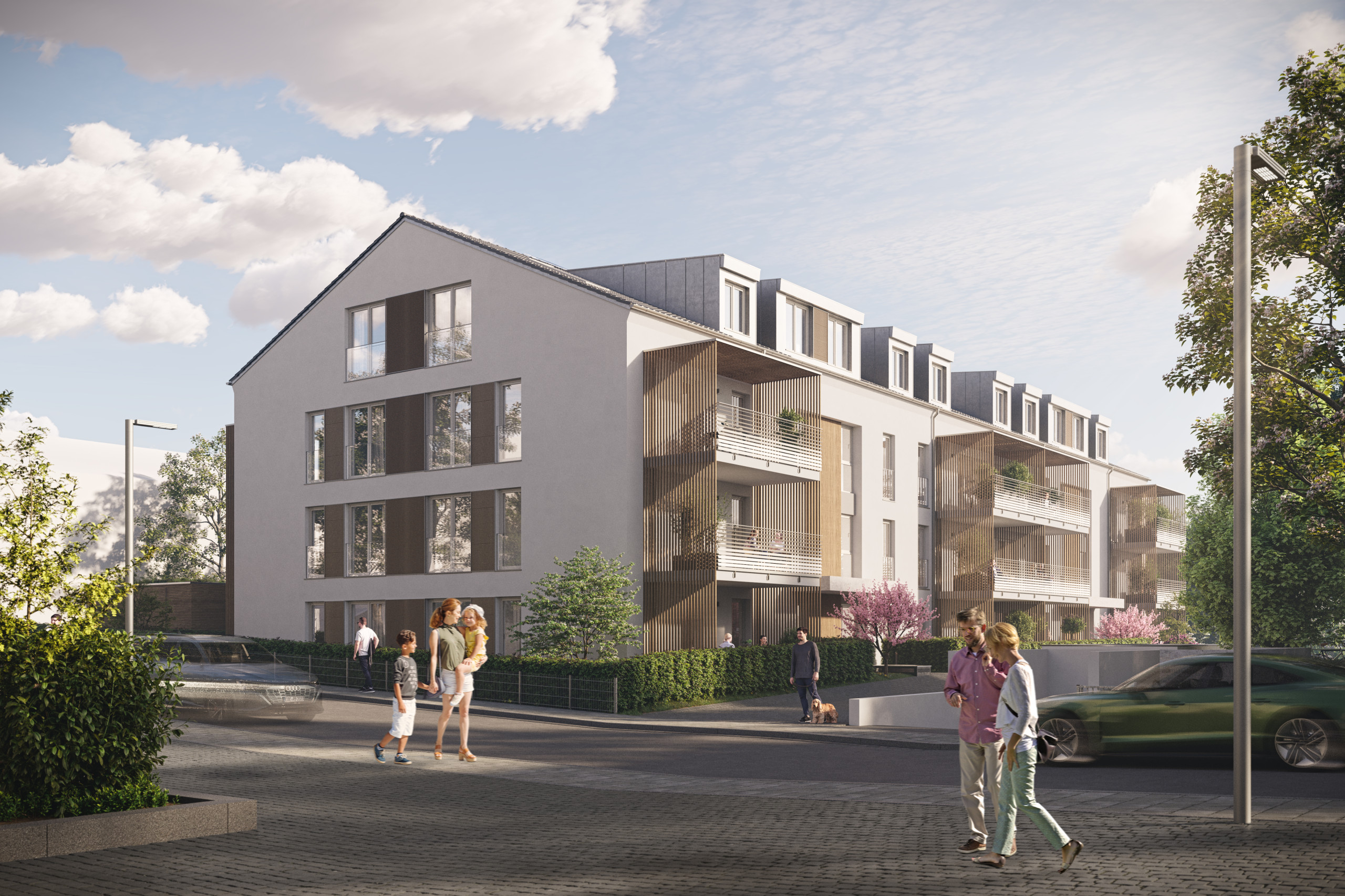 Straßenansicht - Wohnen am Hennigbach Außenvisualisierung des Neubauprojektes Wohnen am Hennigbach in Markt Schwaben