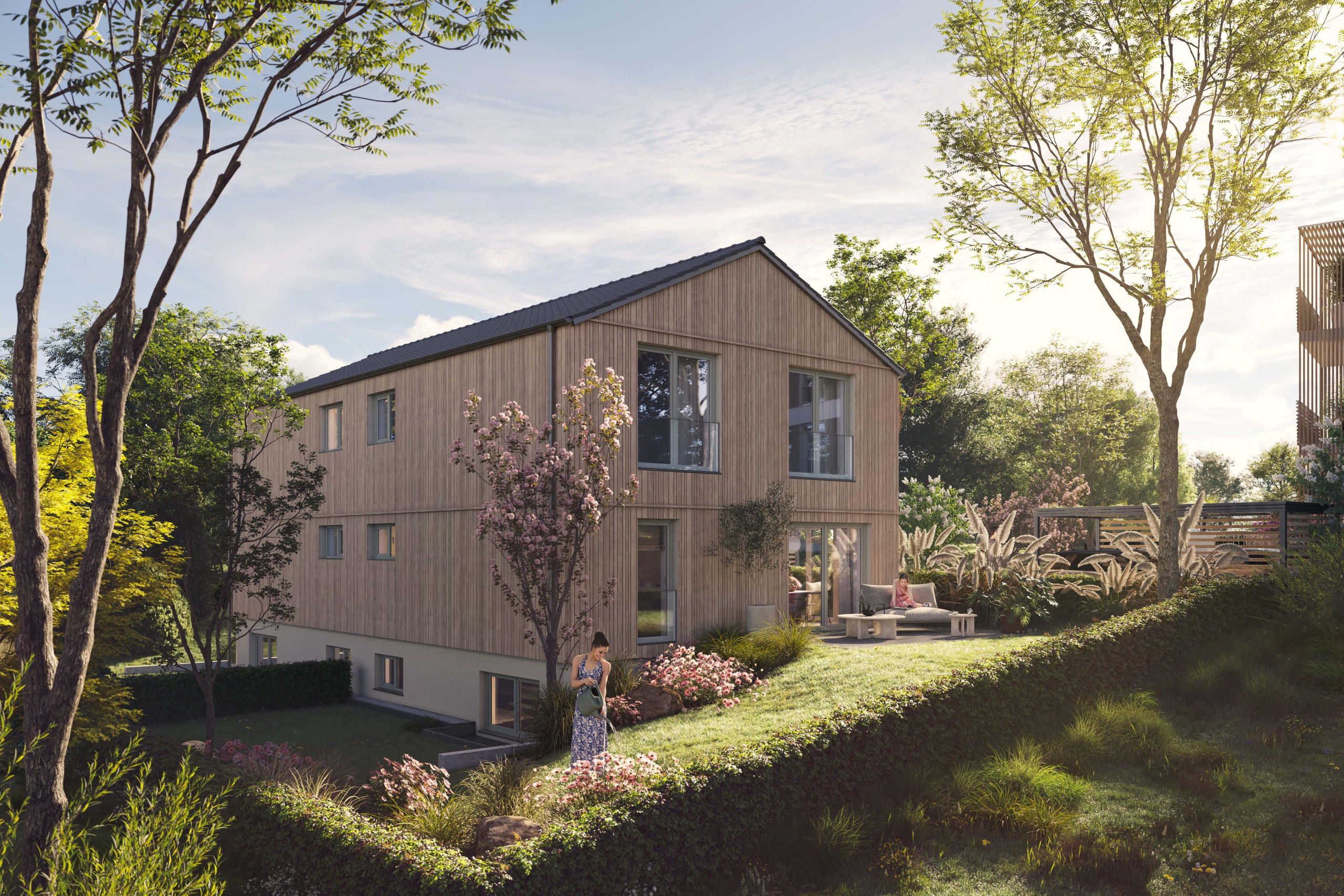 Außenansicht Zweifamilienhaus - Wohnen am Hennigbach Außenvisualisierung des Zweifamilienhauses des Neubauprojekts Wohnen am Hennigbach in Markt Schwaben