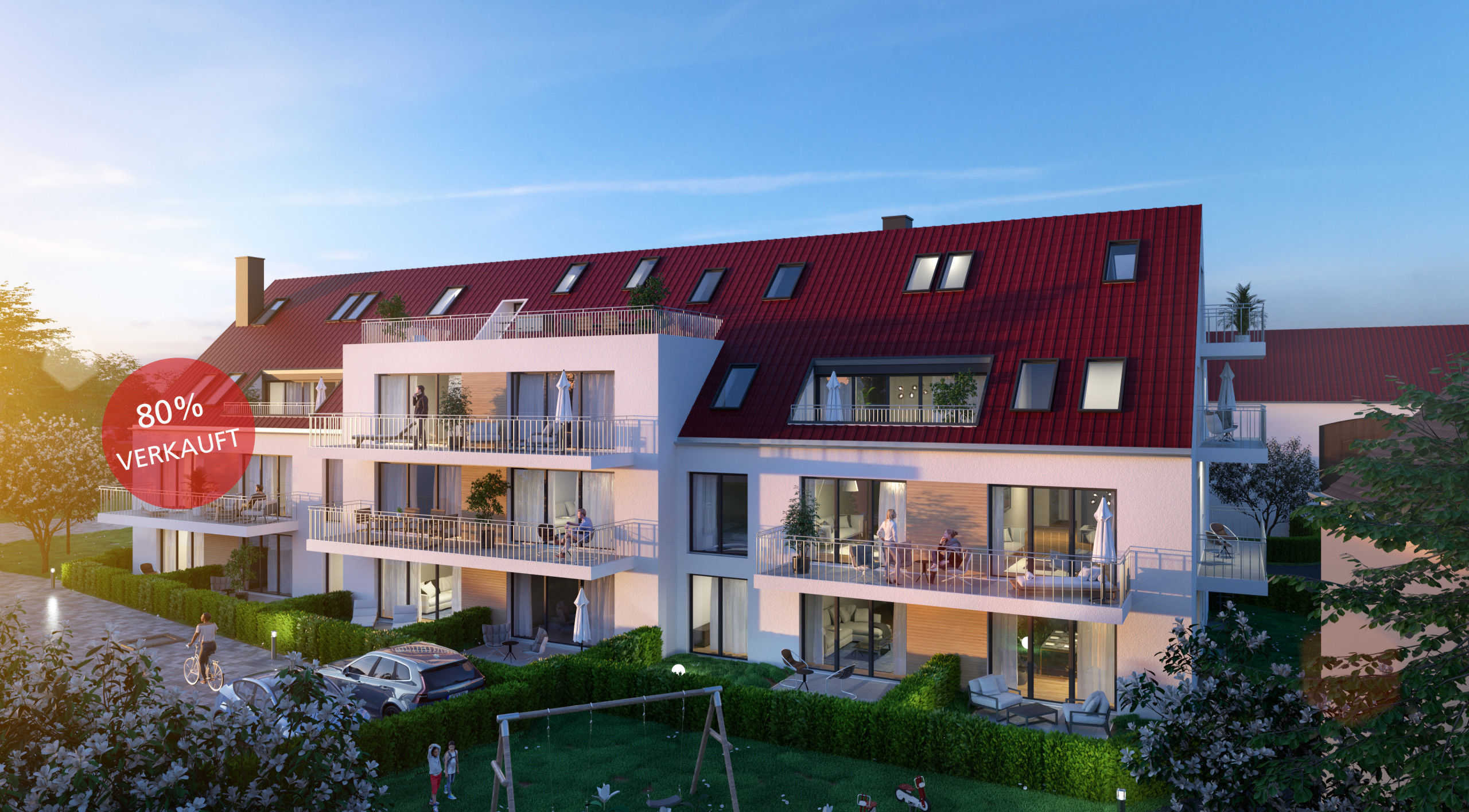 Außenvisualisierung mit 80% verkauft-Stempel Schlossblick Oberschleißheim