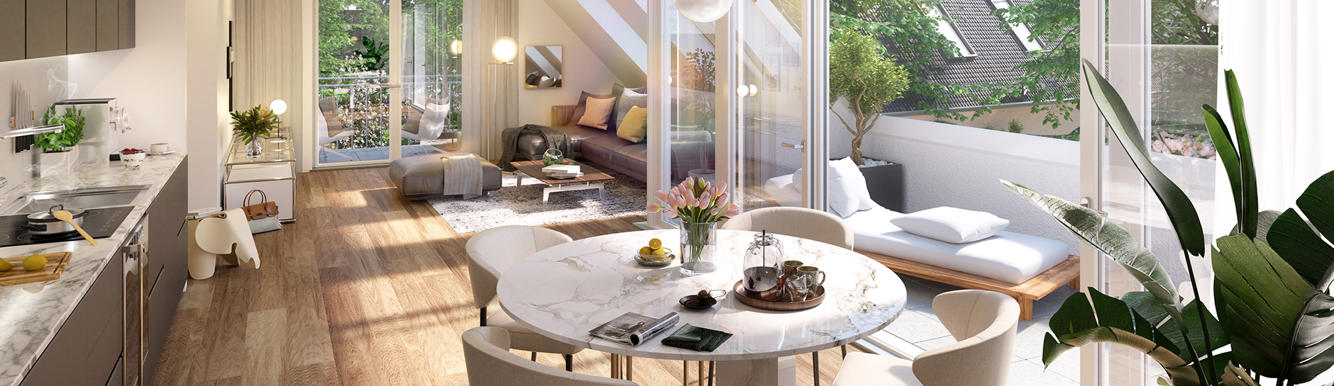 Innenraumvisualisierung einer Dachgeschosswohnung des Neubauprojekts Schlossblick Oberschleßheim 