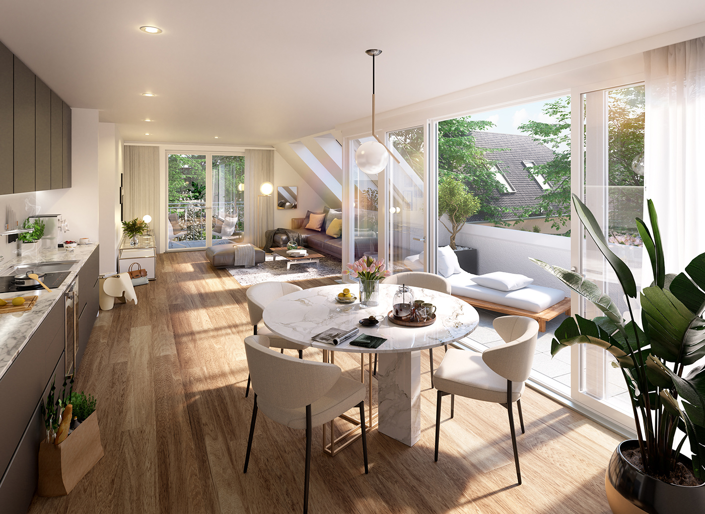 Visualisierung eines Wohnzimmers einer Dachgeschosswohnung des Neubauprojektes Schlossblick Oberschleißheim