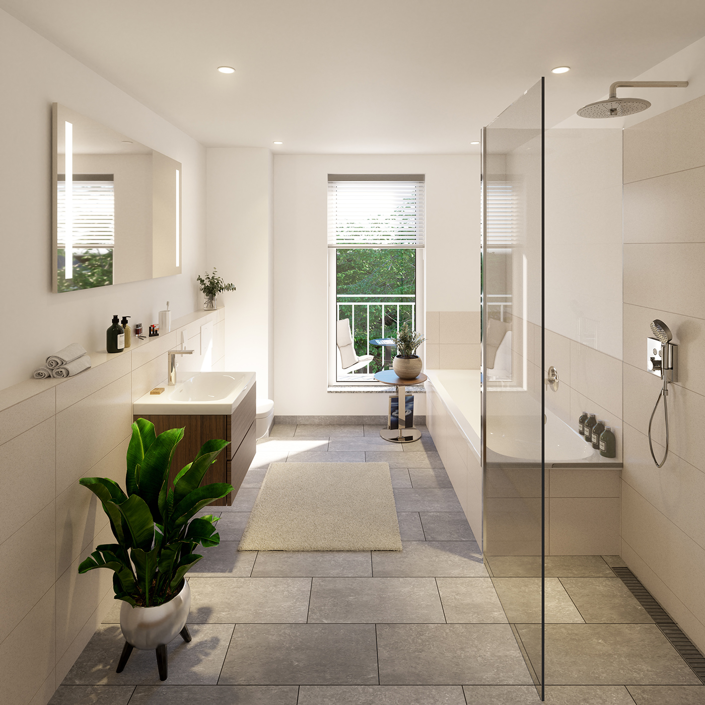 Visualisierung eines modernen Badezimmers des Neubauprojektes Schlossblick Oberschleißheim