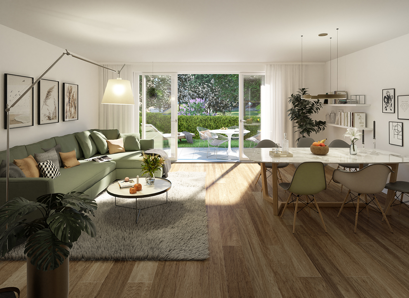 Visualisierung eines Wohnzimmers einer Erdgeschosswohnung des Neubauprojektes Schlossblick Oberschleißheim