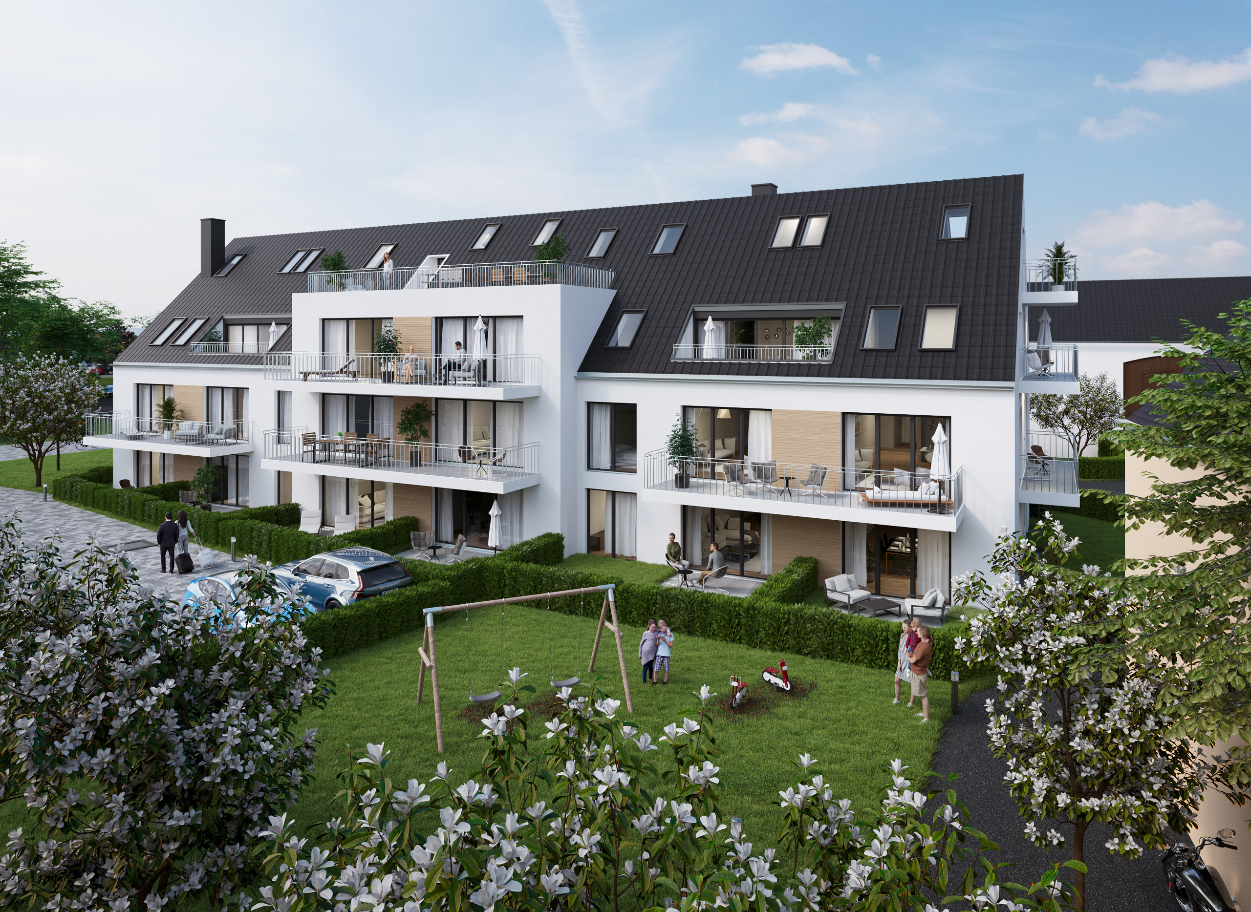 Gartenansicht des Neubauprojekts in Oberschleißheim