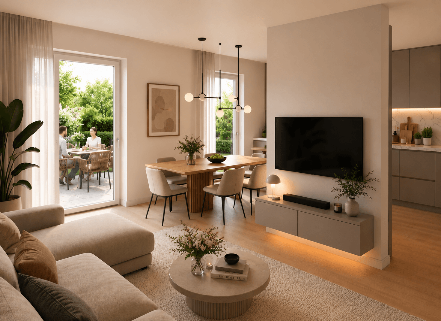 Helles Wohnzimmer mit Terrassenzugang (KI-Visualisierung)