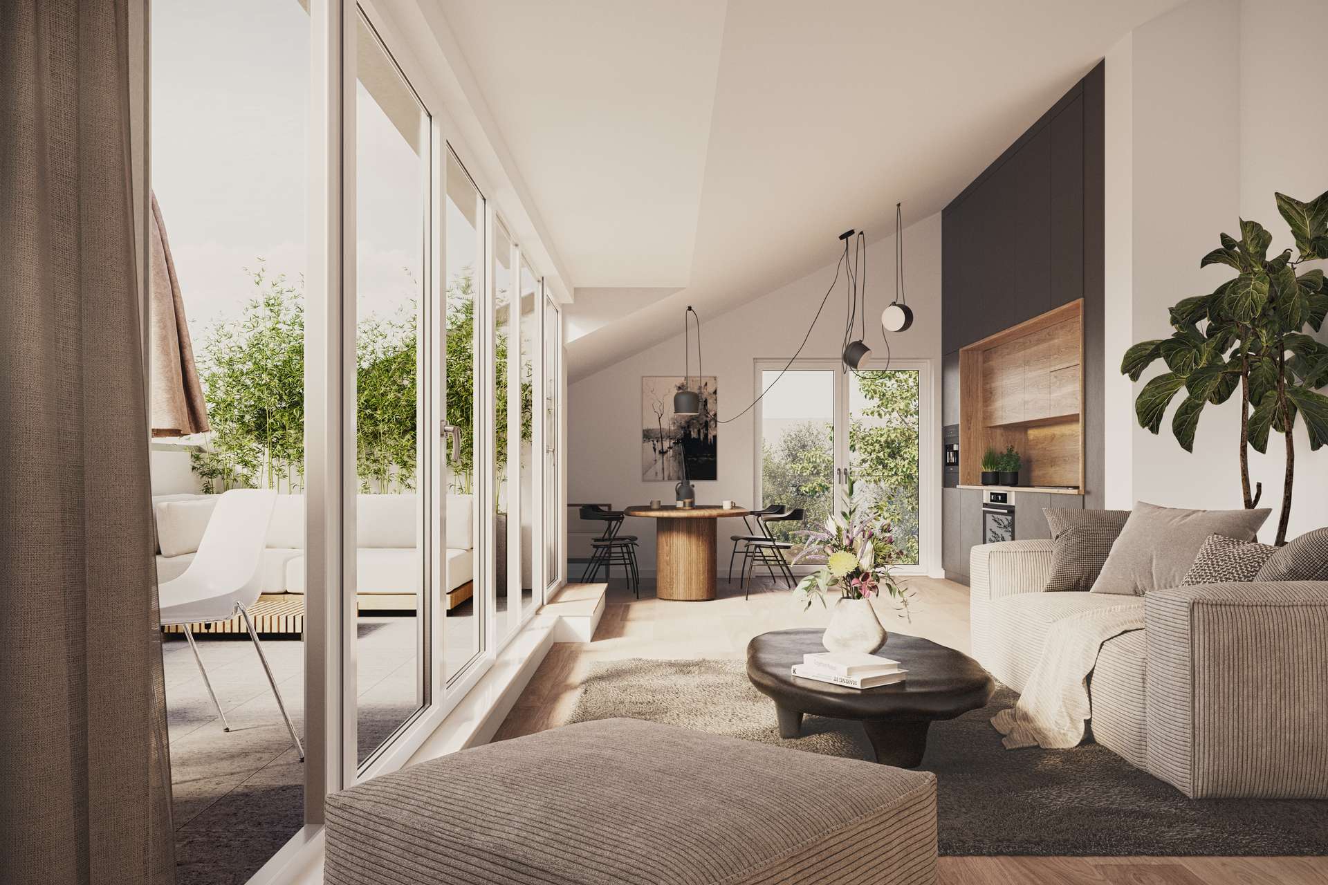 Visualisierung Wohnzimmer mit Zugang zur Terrasse