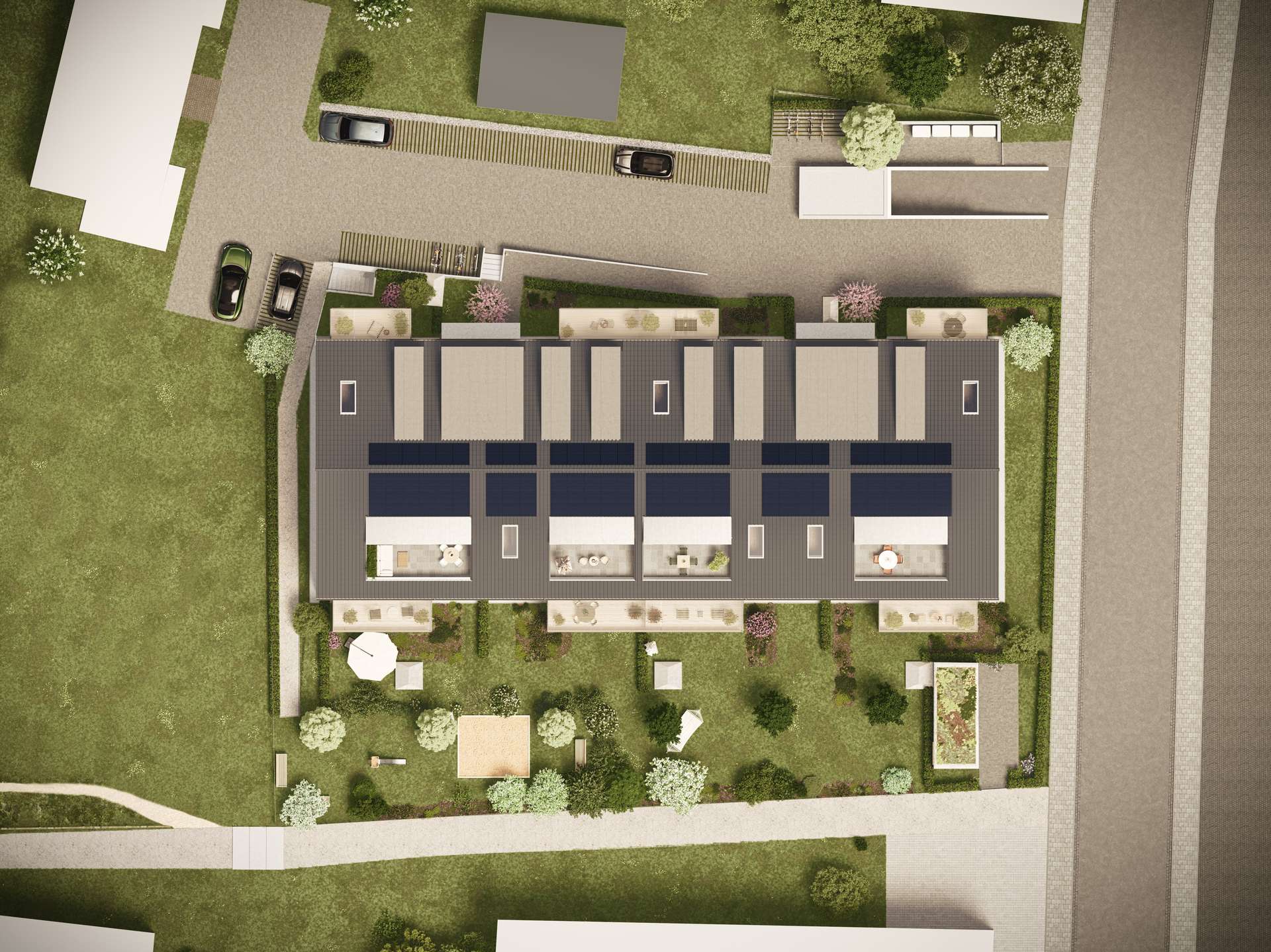 Visualisierung des Neubauprojekts im Luftbild
