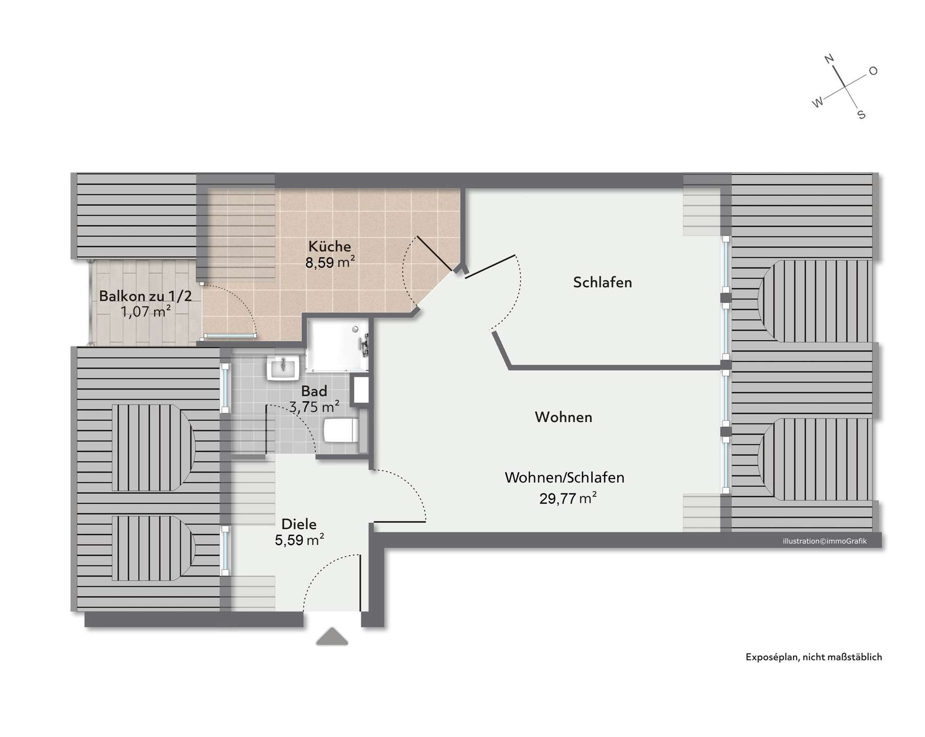 Unmöblierter Grundriss der 3-Zimmer-Wohnung