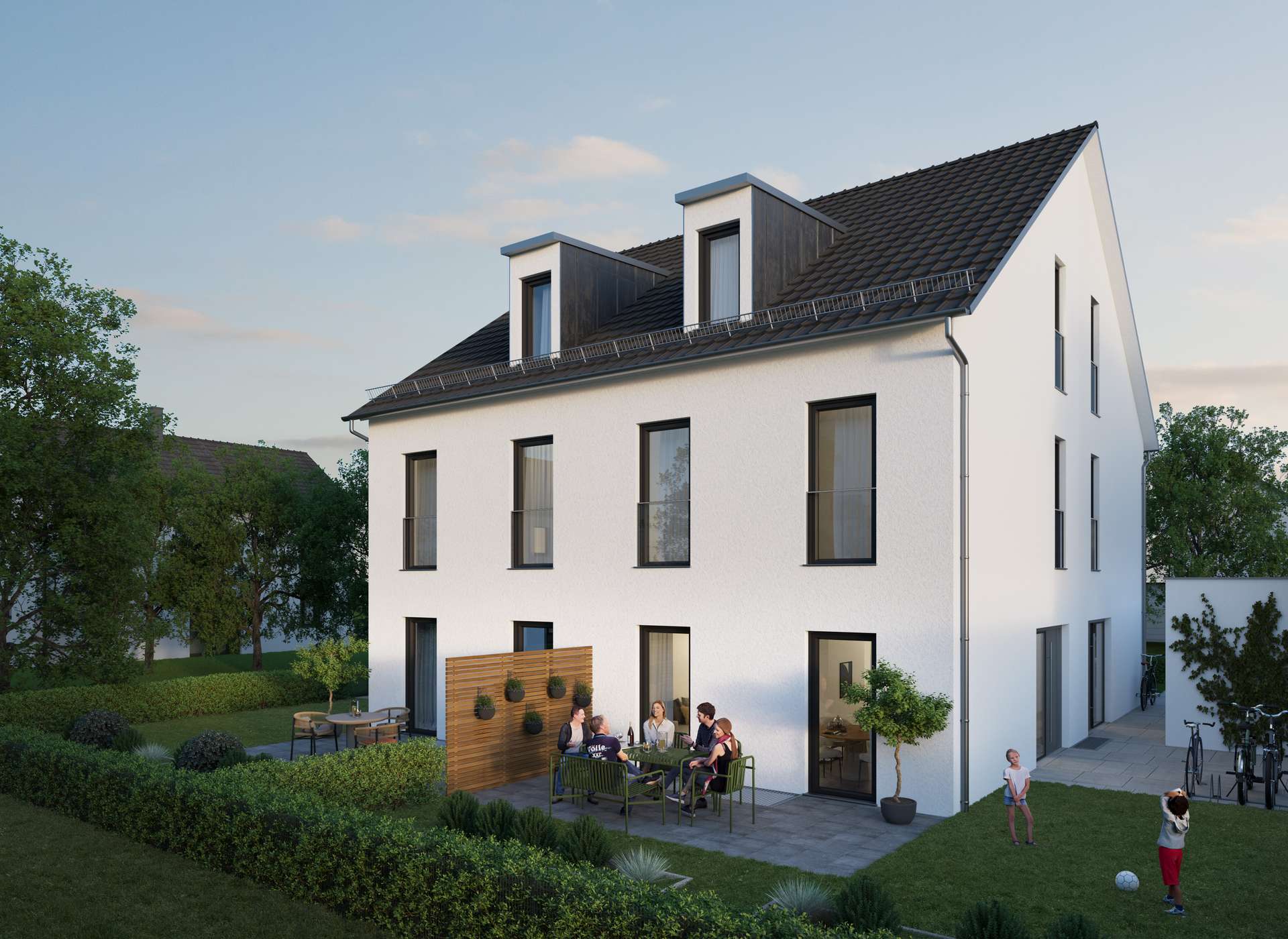 Visualisierung der Gartenansicht des Doppelhauses in Freimann