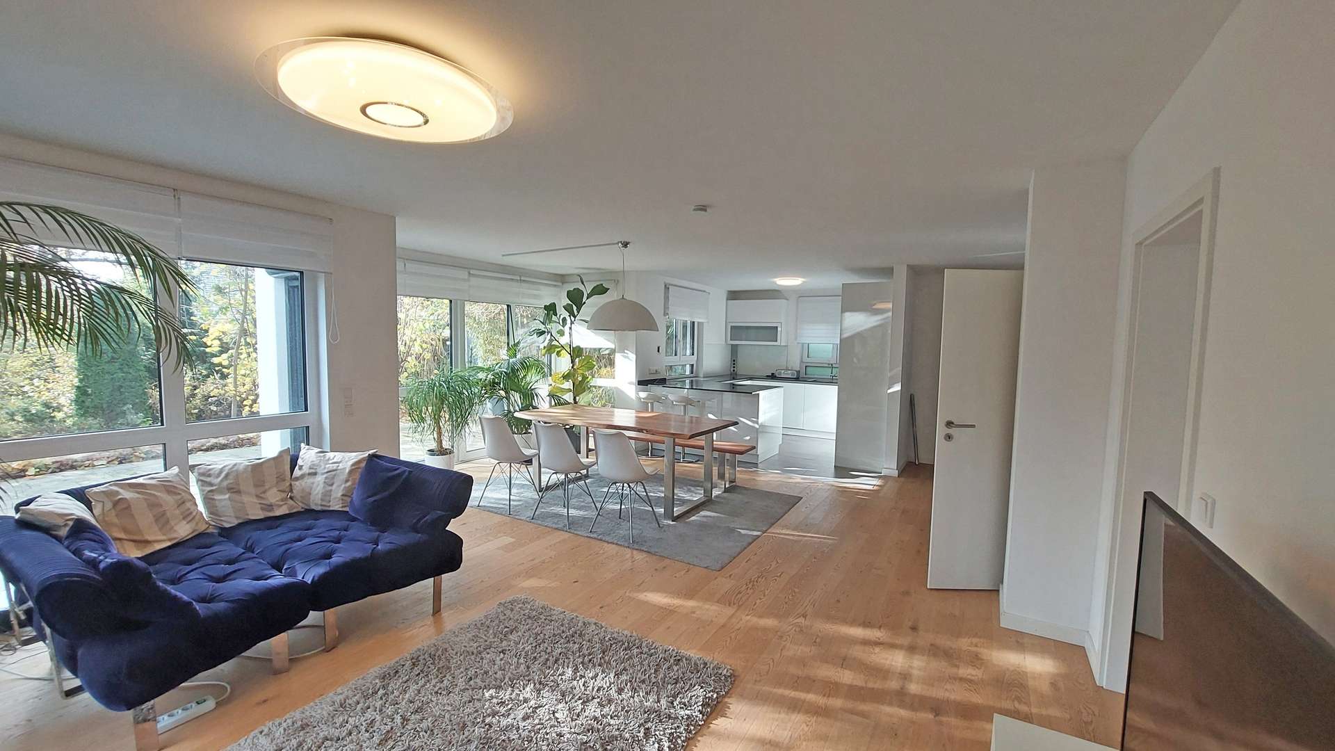 Helles Wohnzimmer mit vielen Fensterfronten