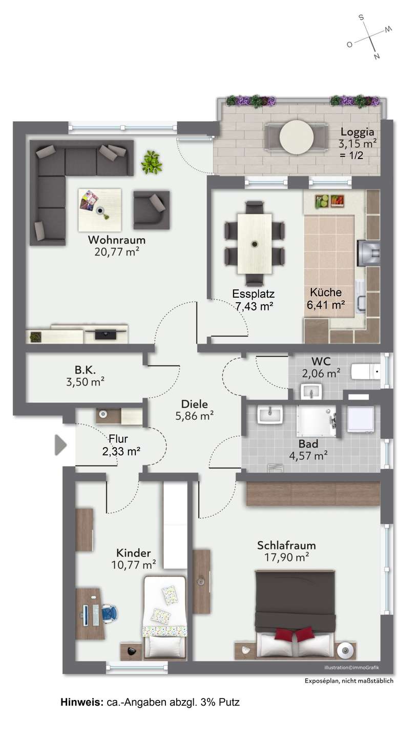 Grundriss der 3-Zimmer-Wohnung