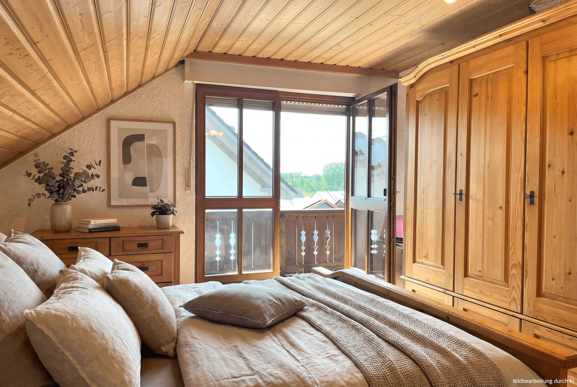 Schlafzimmer mit Zugang zum Balkon möbliert