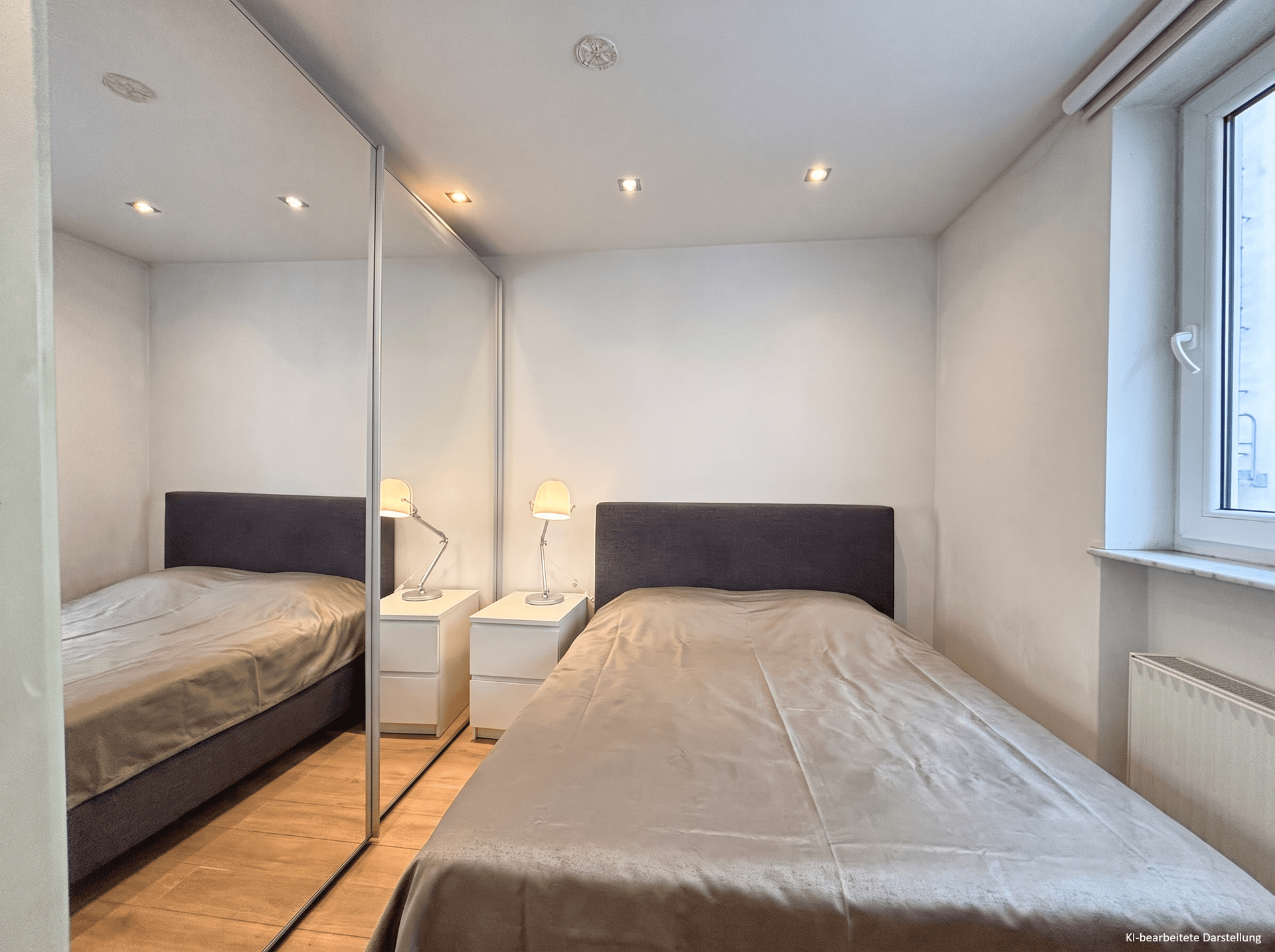 Möblierter Schlafbereich mit Doppelbett, Einbauschrank und Fenster